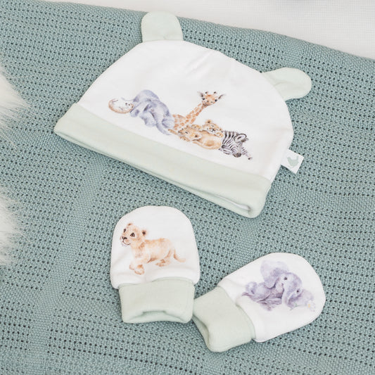 Baby Hat and Mittens Animal Print Gift Set